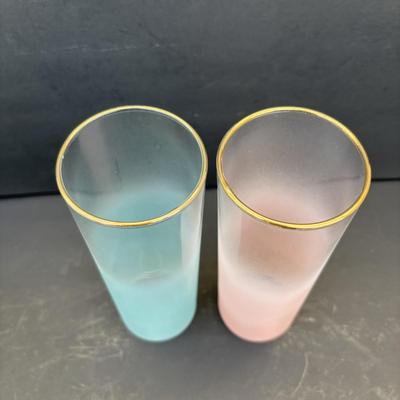 LOT 263: MCM Frosted Ombre Glasses w/ Gold Rim: Yellow (2), Green (2) Blue Pink