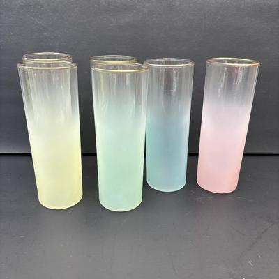 LOT 263: MCM Frosted Ombre Glasses w/ Gold Rim: Yellow (2), Green (2) Blue Pink