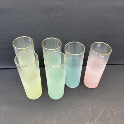 LOT 263: MCM Frosted Ombre Glasses w/ Gold Rim: Yellow (2), Green (2) Blue Pink