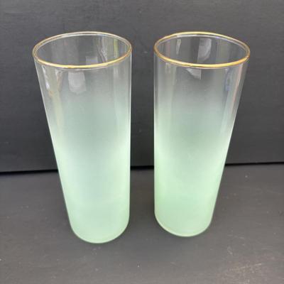 LOT 263: MCM Frosted Ombre Glasses w/ Gold Rim: Yellow (2), Green (2) Blue Pink