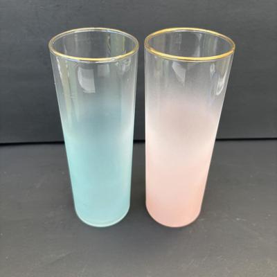 LOT 263: MCM Frosted Ombre Glasses w/ Gold Rim: Yellow (2), Green (2) Blue Pink