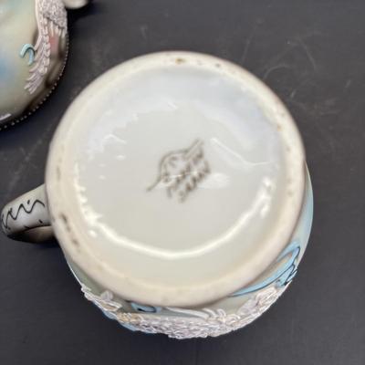 LOT 267: Gold Satin Kimono Robes w/Embroidery, Vintage Floral Porcelain Bisquit Jar, Moriage Dragon Ware Teacups & Creamer, Floral...