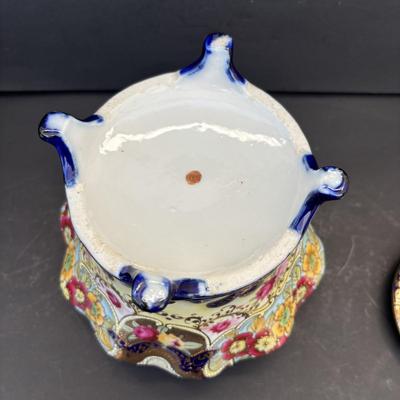 LOT 267: Gold Satin Kimono Robes w/Embroidery, Vintage Floral Porcelain Bisquit Jar, Moriage Dragon Ware Teacups & Creamer, Floral...