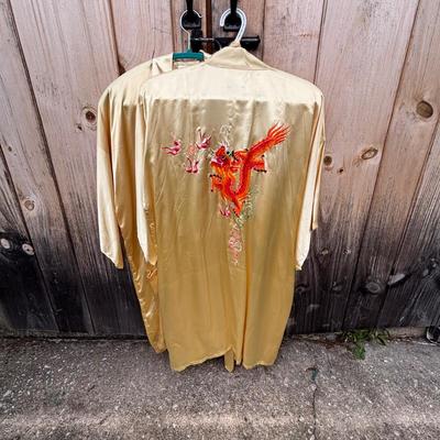 LOT 267: Gold Satin Kimono Robes w/Embroidery, Vintage Floral Porcelain Bisquit Jar, Moriage Dragon Ware Teacups & Creamer, Floral...