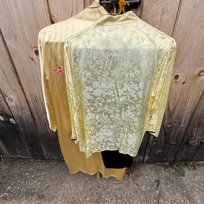 LOT 267: Gold Satin Kimono Robes w/Embroidery, Vintage Floral Porcelain Bisquit Jar, Moriage Dragon Ware Teacups & Creamer, Floral...