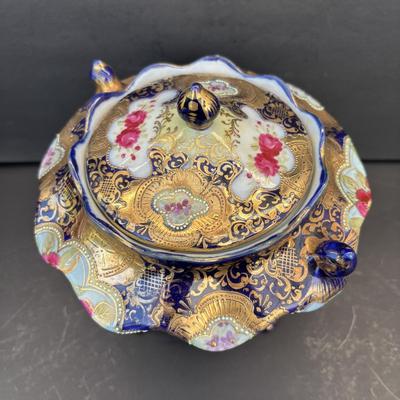 LOT 267: Gold Satin Kimono Robes w/Embroidery, Vintage Floral Porcelain Bisquit Jar, Moriage Dragon Ware Teacups & Creamer, Floral...