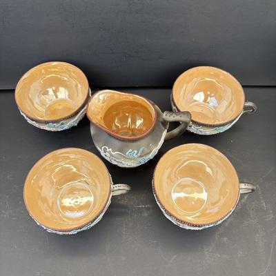LOT 267: Gold Satin Kimono Robes w/Embroidery, Vintage Floral Porcelain Bisquit Jar, Moriage Dragon Ware Teacups & Creamer, Floral...