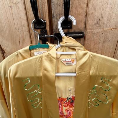 LOT 267: Gold Satin Kimono Robes w/Embroidery, Vintage Floral Porcelain Bisquit Jar, Moriage Dragon Ware Teacups & Creamer, Floral...