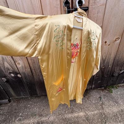 LOT 267: Gold Satin Kimono Robes w/Embroidery, Vintage Floral Porcelain Bisquit Jar, Moriage Dragon Ware Teacups & Creamer, Floral...