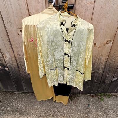 LOT 267: Gold Satin Kimono Robes w/Embroidery, Vintage Floral Porcelain Bisquit Jar, Moriage Dragon Ware Teacups & Creamer, Floral...