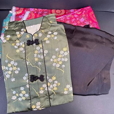 LOT 267: Gold Satin Kimono Robes w/Embroidery, Vintage Floral Porcelain Bisquit Jar, Moriage Dragon Ware Teacups & Creamer, Floral...