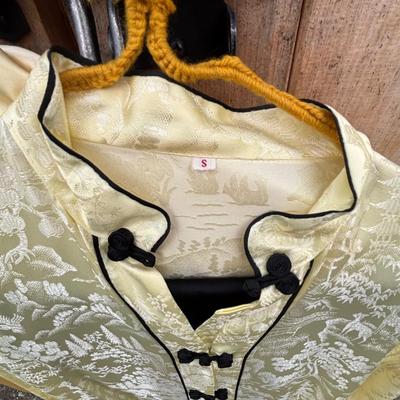 LOT 267: Gold Satin Kimono Robes w/Embroidery, Vintage Floral Porcelain Bisquit Jar, Moriage Dragon Ware Teacups & Creamer, Floral...