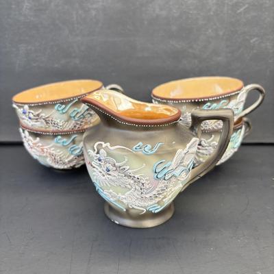 LOT 267: Gold Satin Kimono Robes w/Embroidery, Vintage Floral Porcelain Bisquit Jar, Moriage Dragon Ware Teacups & Creamer, Floral...