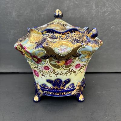 LOT 267: Gold Satin Kimono Robes w/Embroidery, Vintage Floral Porcelain Bisquit Jar, Moriage Dragon Ware Teacups & Creamer, Floral...