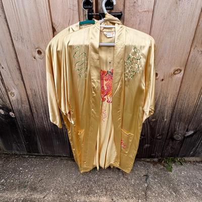 LOT 267: Gold Satin Kimono Robes w/Embroidery, Vintage Floral Porcelain Bisquit Jar, Moriage Dragon Ware Teacups & Creamer, Floral...