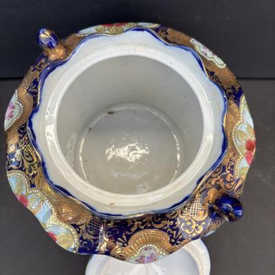 LOT 267: Gold Satin Kimono Robes w/Embroidery, Vintage Floral Porcelain Bisquit Jar, Moriage Dragon Ware Teacups & Creamer, Floral...