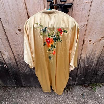 LOT 267: Gold Satin Kimono Robes w/Embroidery, Vintage Floral Porcelain Bisquit Jar, Moriage Dragon Ware Teacups & Creamer, Floral...