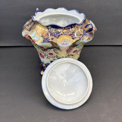 LOT 267: Gold Satin Kimono Robes w/Embroidery, Vintage Floral Porcelain Bisquit Jar, Moriage Dragon Ware Teacups & Creamer, Floral...