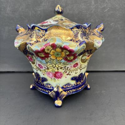 LOT 267: Gold Satin Kimono Robes w/Embroidery, Vintage Floral Porcelain Bisquit Jar, Moriage Dragon Ware Teacups & Creamer, Floral...