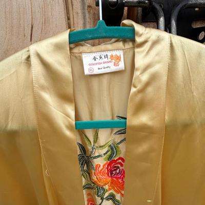 LOT 267: Gold Satin Kimono Robes w/Embroidery, Vintage Floral Porcelain Bisquit Jar, Moriage Dragon Ware Teacups & Creamer, Floral...