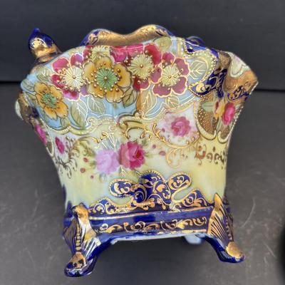 LOT 267: Gold Satin Kimono Robes w/Embroidery, Vintage Floral Porcelain Bisquit Jar, Moriage Dragon Ware Teacups & Creamer, Floral...