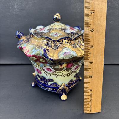 LOT 267: Gold Satin Kimono Robes w/Embroidery, Vintage Floral Porcelain Bisquit Jar, Moriage Dragon Ware Teacups & Creamer, Floral...