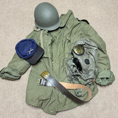 LOT 164B: Military Jacket, WWII Helmet & Gas Mask