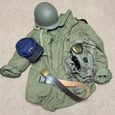 LOT 164B: Military Jacket, WWII Helmet & Gas Mask
