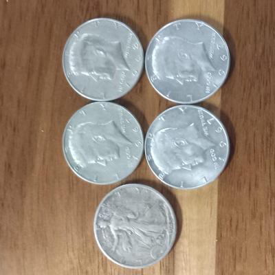 1 1945 walking liberty and 4 40% Kennedys 1/2 s