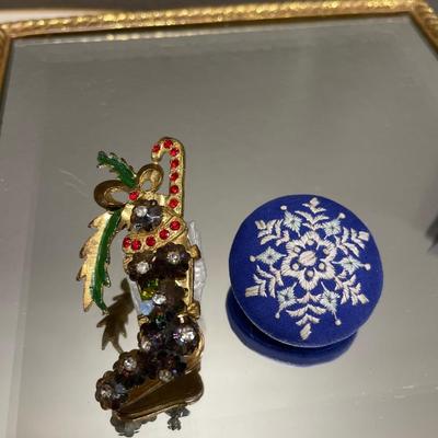 Unsigned Miriam Haskell stocking one and fabric snowflake pin