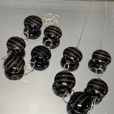 Sterling black & gold swirl glass bead necklace and bracelet