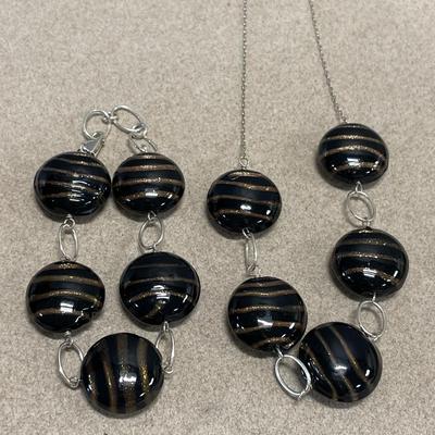 Sterling black & gold swirl glass bead necklace and bracelet