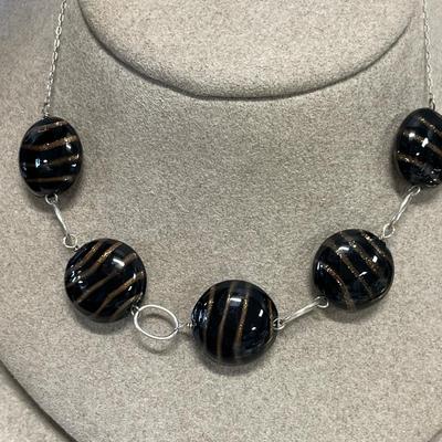 Sterling black & gold swirl glass bead necklace and bracelet