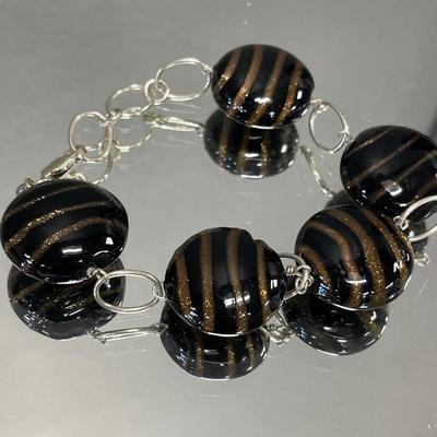 Sterling black & gold swirl glass bead necklace and bracelet