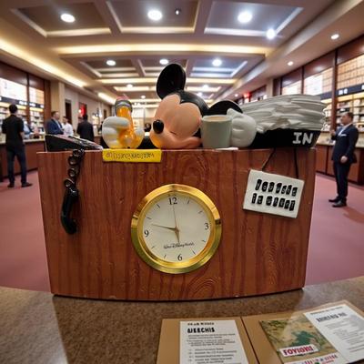 Sale Photo Thumbnail #58: Walt Disney Mickey Mouse Desk Clock Featuring Mickey sleeping on a stack of papers at his desk.  Includes Original Box and packing.  Needs new battery.