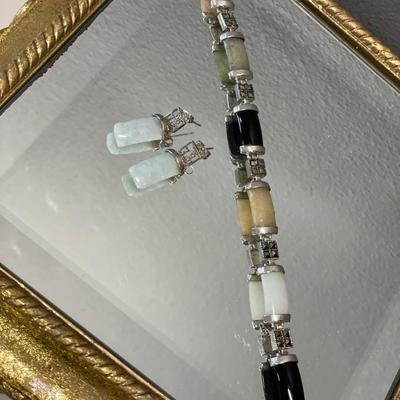 Chinese sterling and colorful jade set