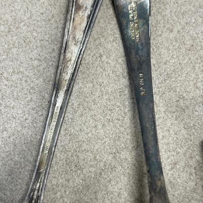 Brown stoneware vase and silver plate spoons