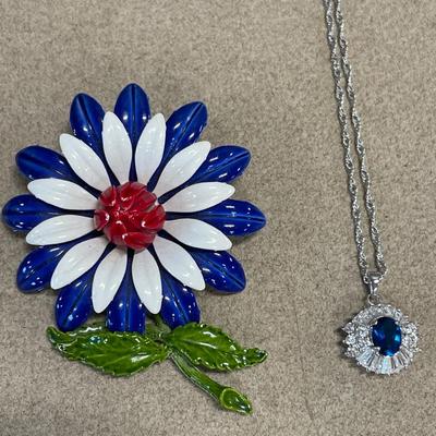 Blue edge enamel pin and blue sparkle necklace
