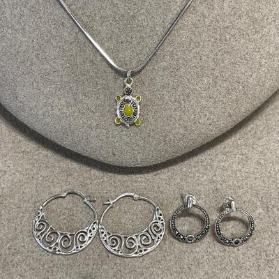 Sterling earrings and turtle pendant necklace