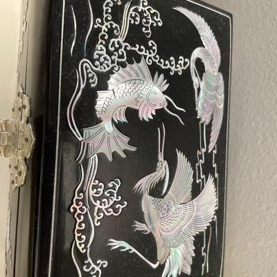 Black laquer Asian cranes mother of pearl jewelry box