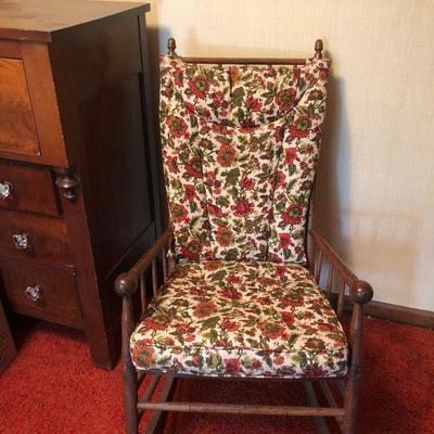 Sale Photo Thumbnail #40: Wooden rocking chair with fabric covered cushions