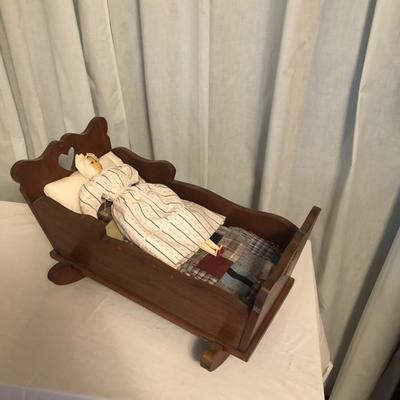 Sale Photo Thumbnail #42: Small wooden crib with vintage doll and bedding