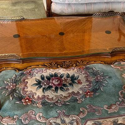 Lovely Little Walnut Coffee Table with a little Inlay and Glass Top.