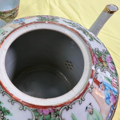 Lovely Antique Chinese Enamel Tea Pot with 7 cup TEA SET 