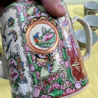 Lovely Antique Chinese Enamel Tea Pot with 7 cup TEA SET 