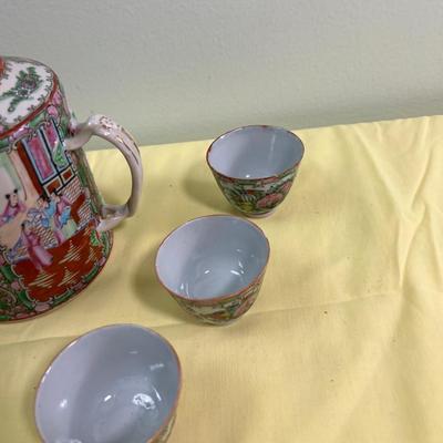 Lovely Antique Chinese Enamel Tea Pot with 7 cup TEA SET 