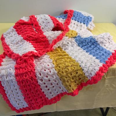 Hand Crochet  White, Orange, Blue, Beige / Gold AFGHAN 