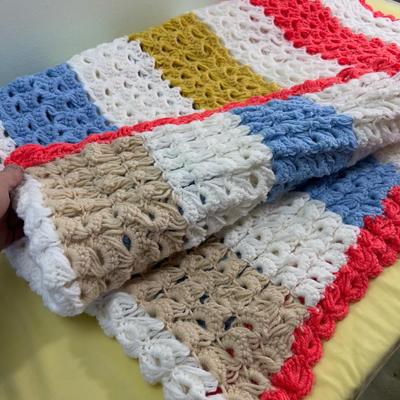 Hand Crochet  White, Orange, Blue, Beige / Gold AFGHAN 