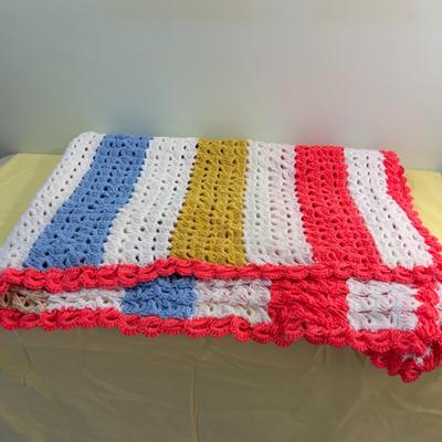 Hand Crochet  White, Orange, Blue, Beige / Gold AFGHAN 