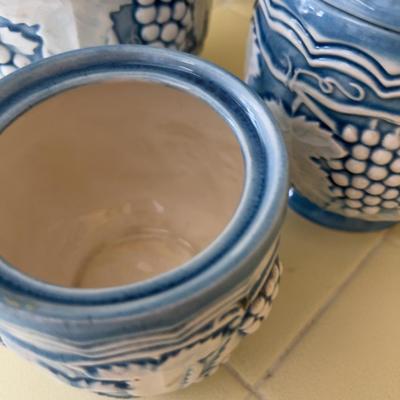 Blue and White (3) Grape Canisters
